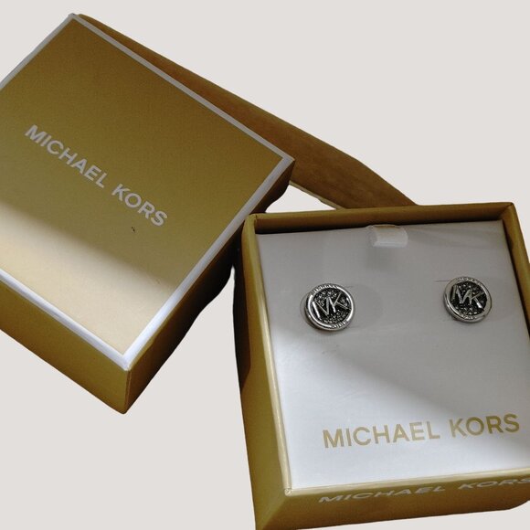 Michael Kors MK Logo Design Stud Kors Earrings In Original Box Silver tone - Picture 2 of 13